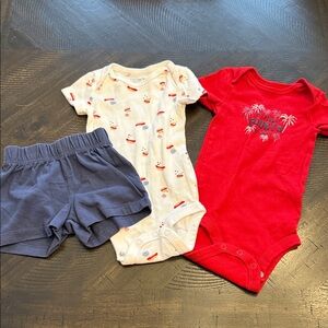 Carters 4th of July Bundle Red & White Baby Onesies w/ Blue Shorts - 3-6 months